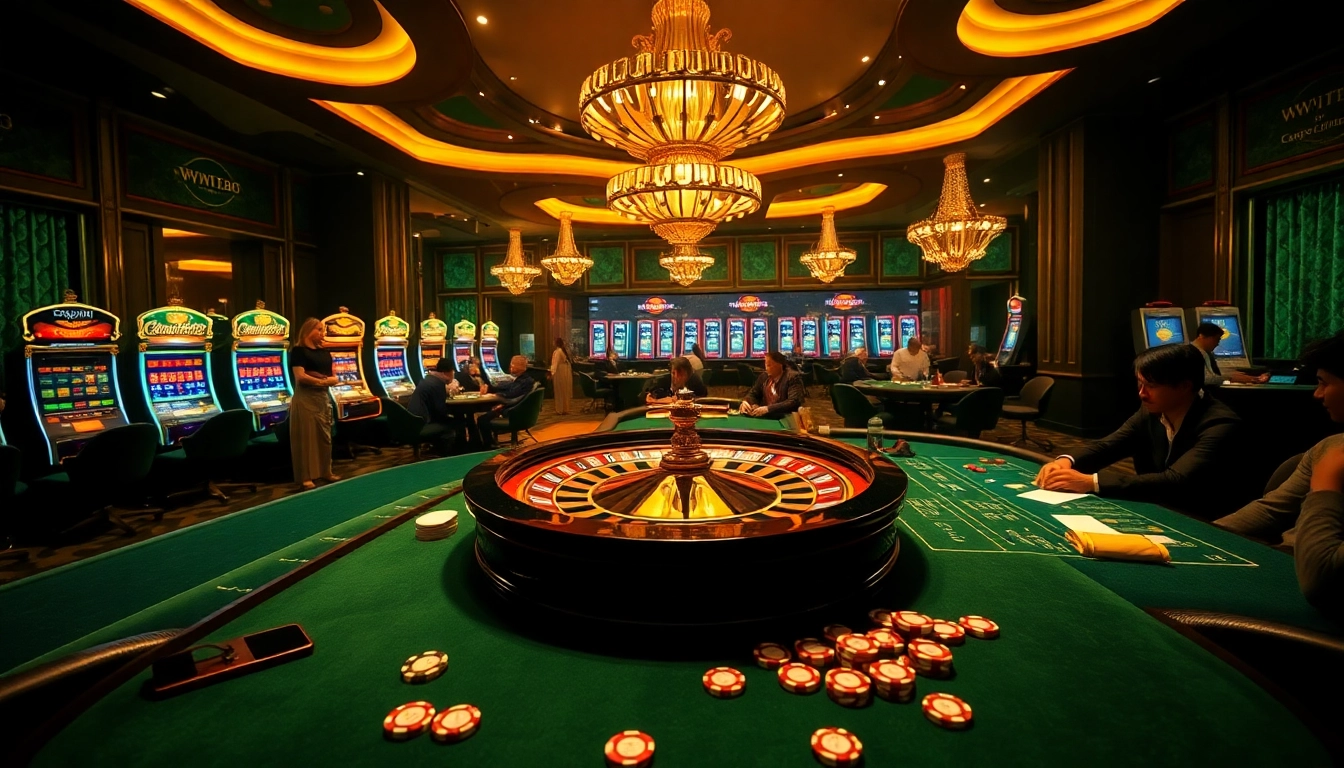 Experience thrilling games at ww88 online casino, featuring vibrant roulette wheels and eager gamblers.