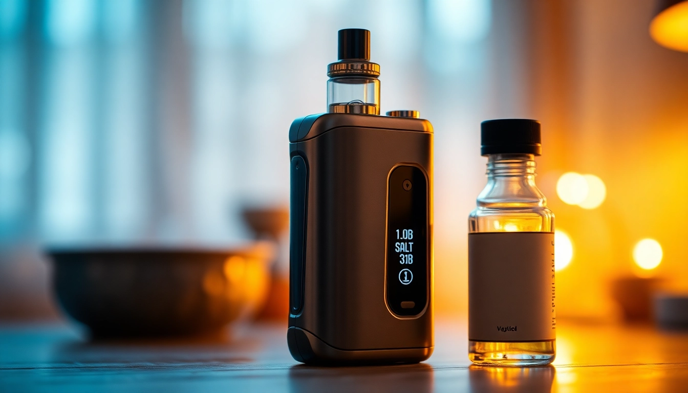Vaping device and nic salt e-liquid in a cozy setting showcasing vibrant colors.