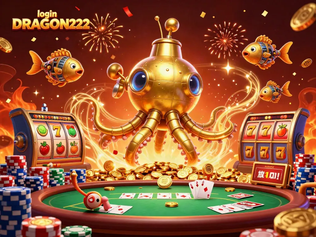 Experience the thrill of gambling with login DRAGON222, featuring dynamic slot elements and a golden kraken in action amidst casino excitement.