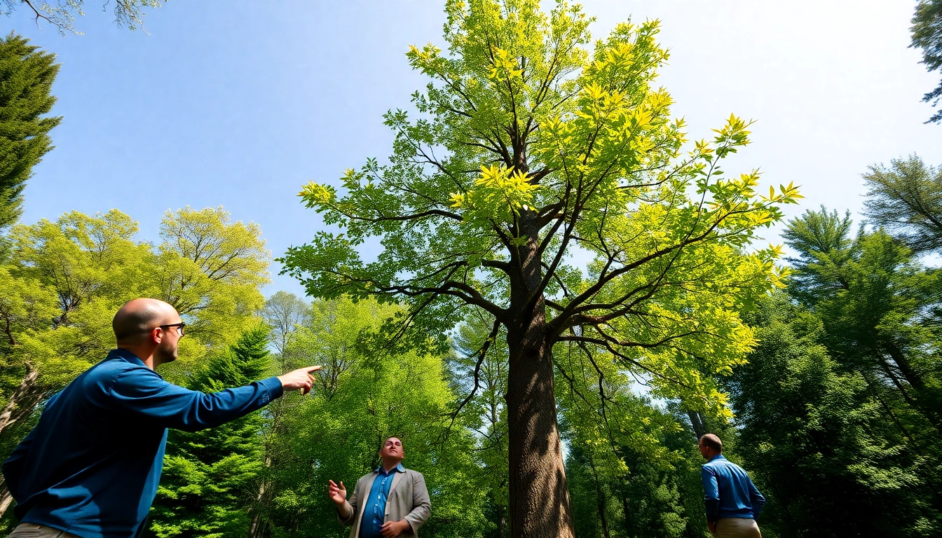 Expert team performing tree consultancy to assess the health of trees in a vibrant forest setting.