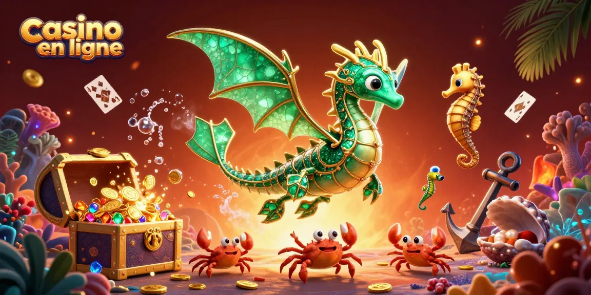 Plongez dans le monde du casino en ligne avec une illustration 3D dynamique de créatures marines.