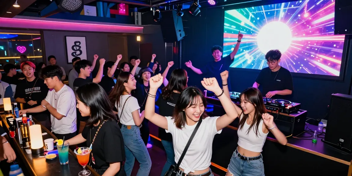 Youthful party-goers enjoying 상봉동 한국관나이트 in a vibrant nightclub atmosphere filled with colorful lights and music.