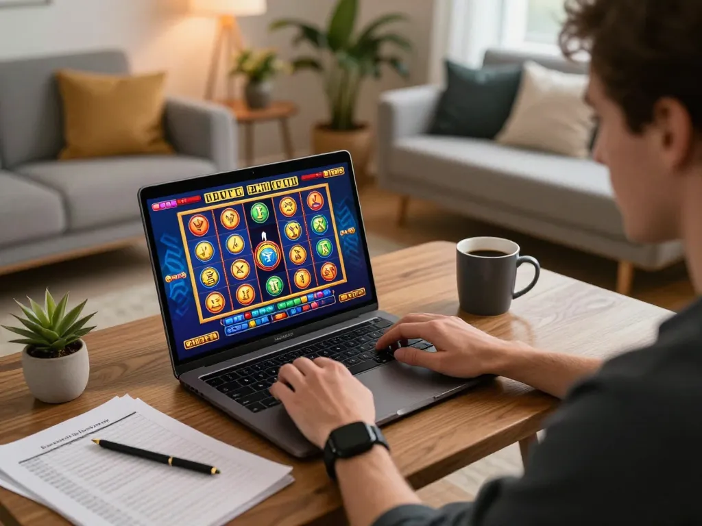 Experience the thrill of depo 10k while playing slots from home, with strategic notes visible.