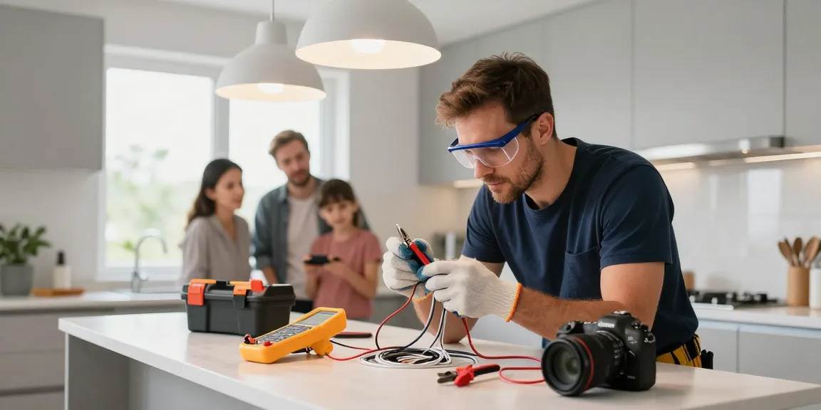 Find out more about reliable electricians working in modern kitchens with safety gear and tools.