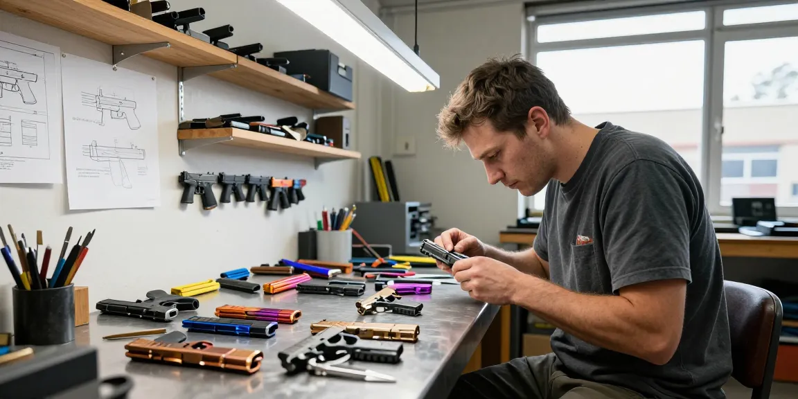 Expert gunsmith customizing Glock slides at https://precisionglockslides.com with precision tools, showcasing creativity and craftsmanship.