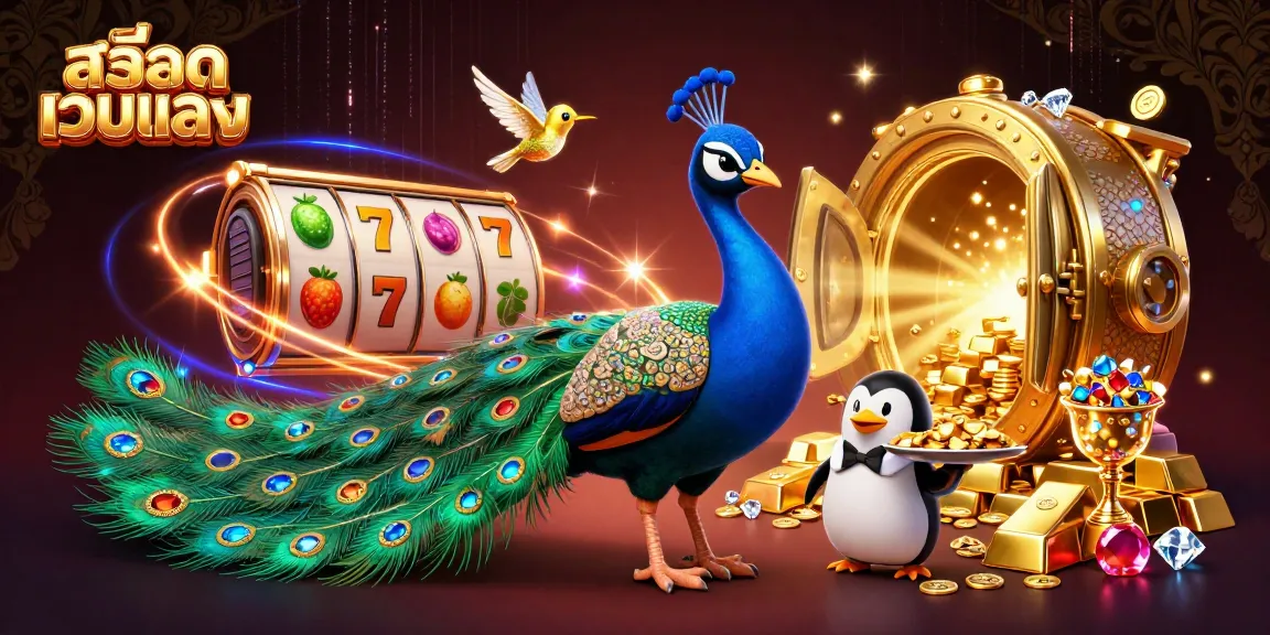Experience excitement with สล็อตเว็บตรง featuring a peacock, butler, and hummingbird in a vibrant casino scene.