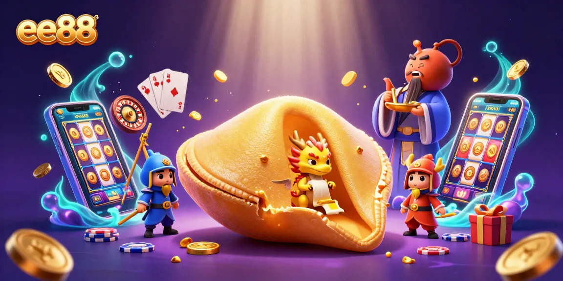 Engage with ee88's thrilling gaming experience with a golden fortune cookie, wise dragon, and vibrant casino elements.