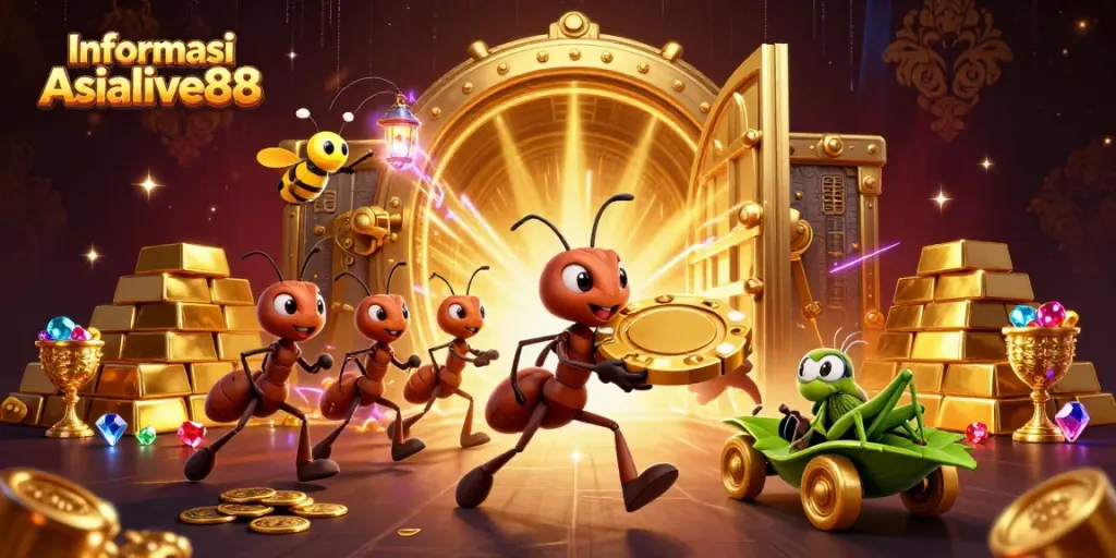 Ants draw a golden poker chip in a lively gambling-themed illustration, showcasing Informasi Asialive88.
