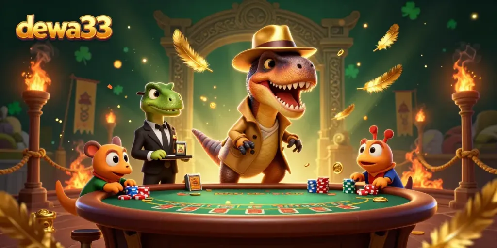 Dewa33 card counter velociraptor at blackjack, stegosaurus pit boss, thrilling casino scene.