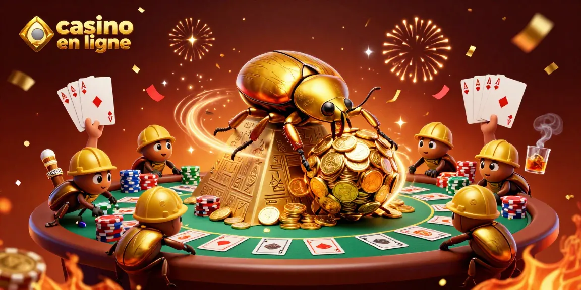 Illustration d'un casino en ligne avec un scarabée doré et des jeux de cartes.