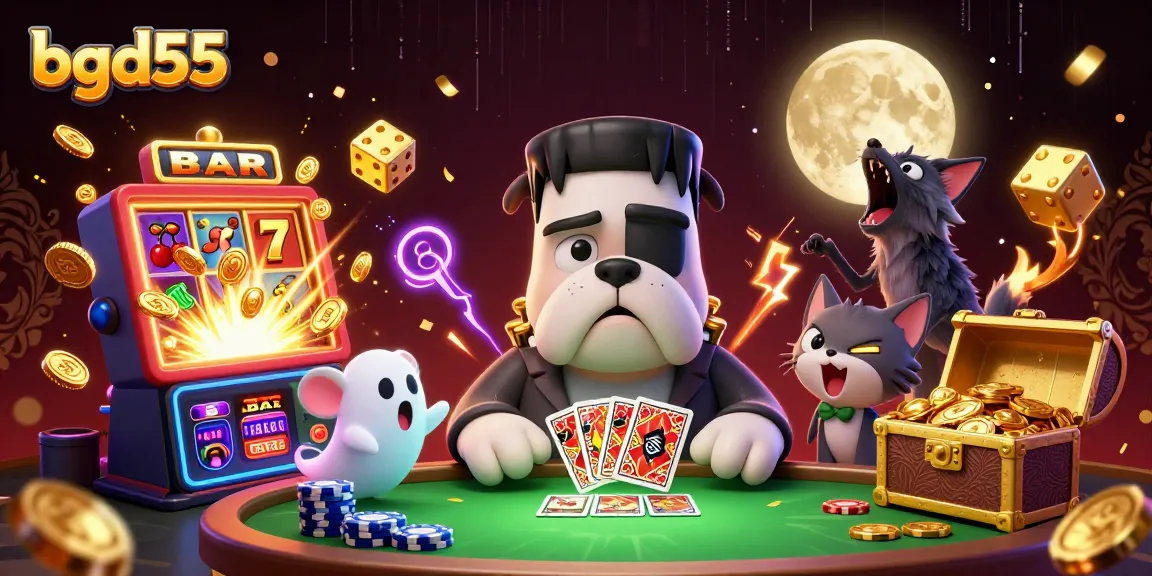 bgd55 showcases a thrilling card game scene with a Frankenstein bulldog dealer, enhancing your gaming adventure.
