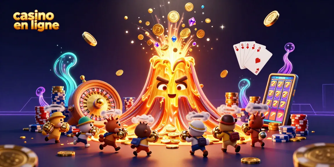 Gagnez au casino en ligne avec cette illustration dynamique illustrant un volcan doré déversant des trésors.