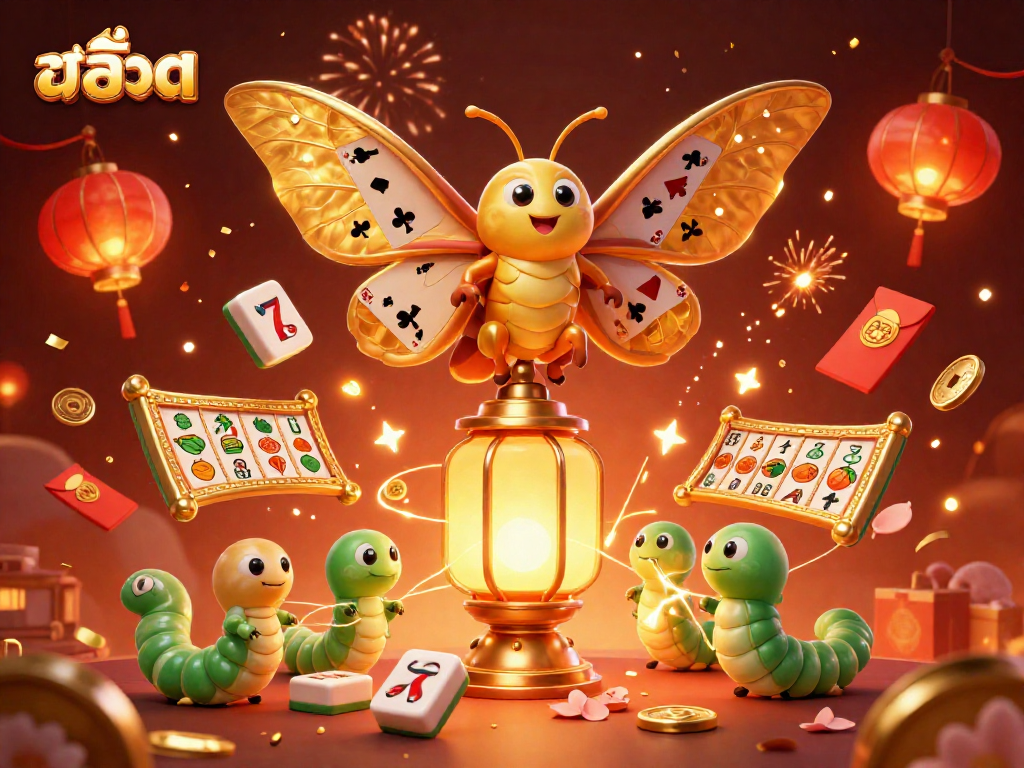 Engage with สล็อต with an animated scene of a mythical moth and festive casino elements.