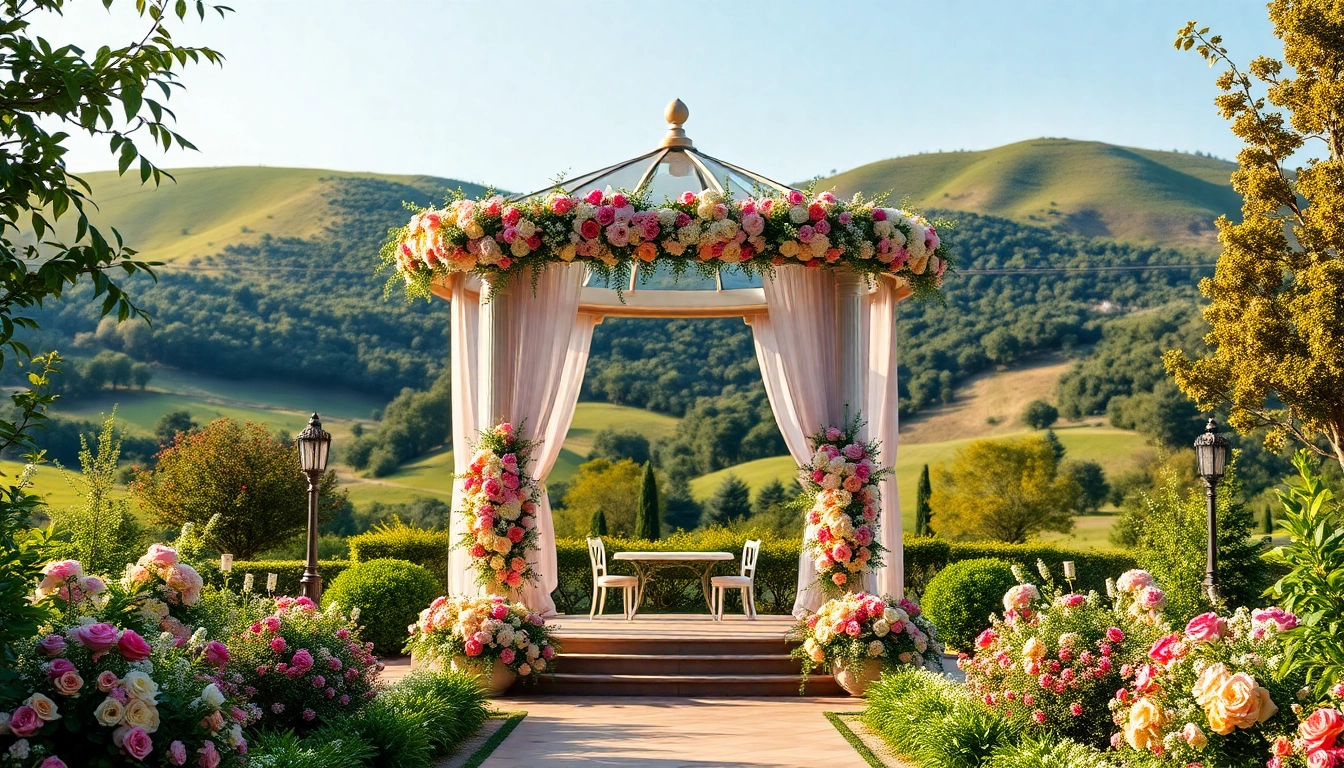 Beautifully decorated Weddings Venue featuring a floral gazebo in a lush garden setting.