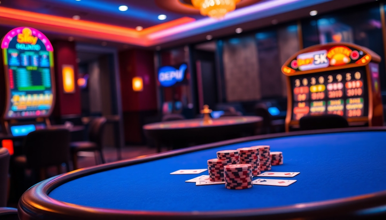 Engaging casino scene featuring a poker table and slot machine with depo 5k options.
