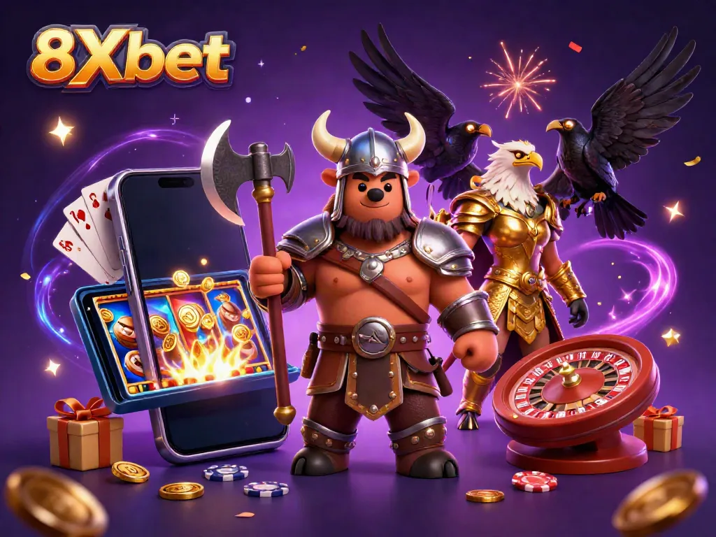 Experience the excitement of 8Xbet with a vibrant 3D casino scene featuring dynamic gaming elements.