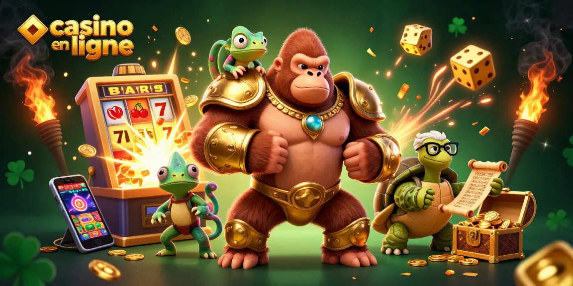 Le casino en ligne : le gorille roi et ses alliés entourés de machines à sous et de jetons