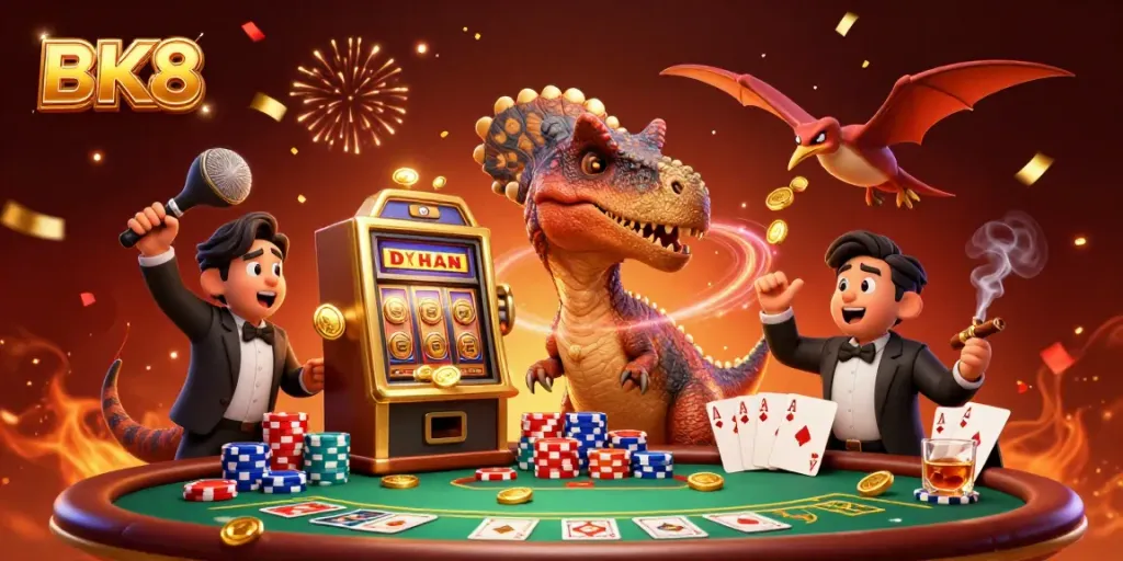 Experience the excitement of BK8 as a cartoon dinosaur celebrates a jackpot payout amidst vibrant casino elements.