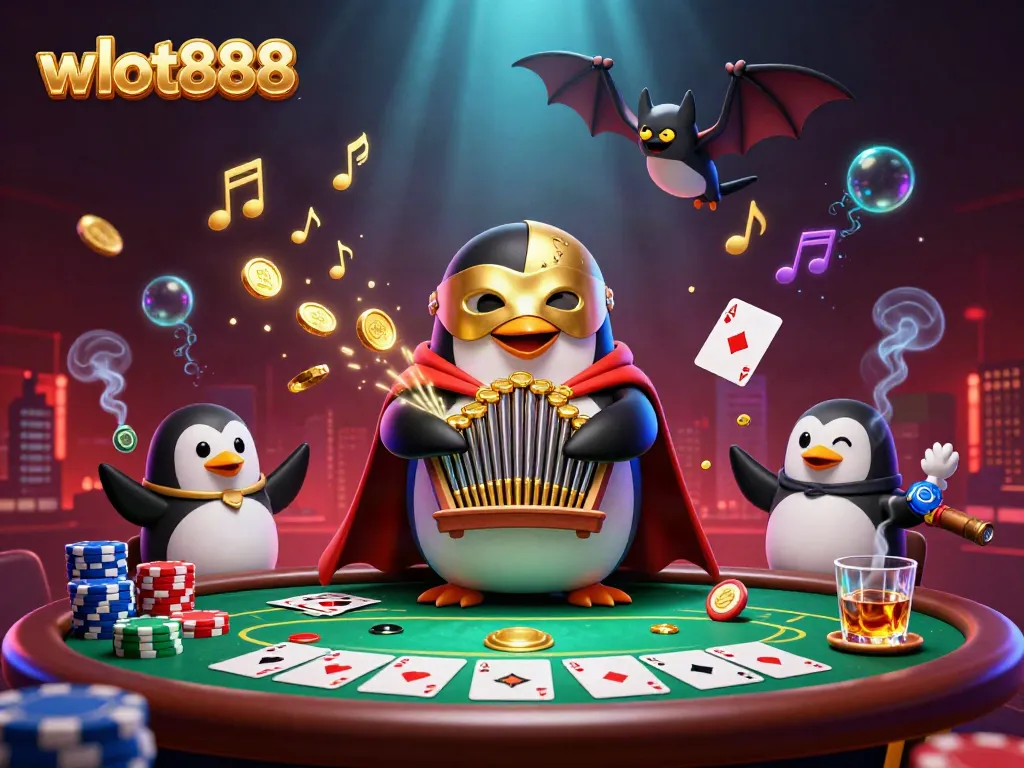 Gambarkan suasana menarik wslot888 dengan penguin opera yang bermain organ dan bat akrobat tinggi di atasnya.