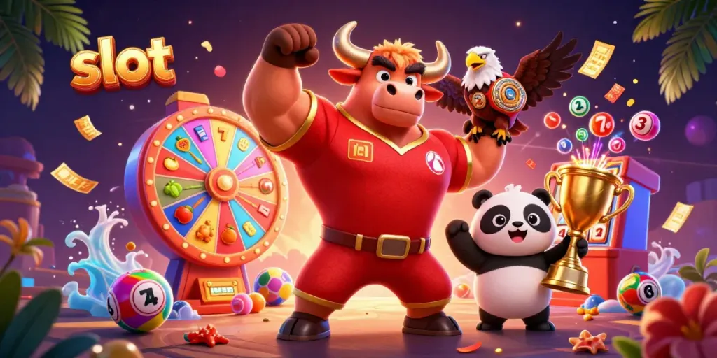 Slot permainan dengan karakter menarik di kasino, simbol keberuntungan, dan efek dinamis.