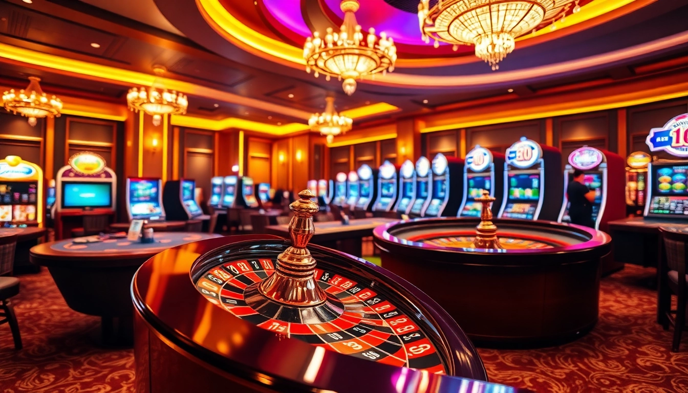 Environnement époustouflant de casino en ligne argent réel avec roulette, jetons de poker et machines à sous.