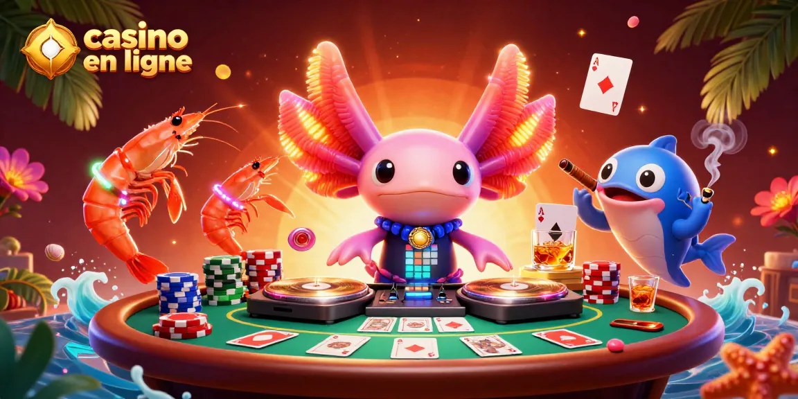 Illustration d'un casino en ligne vibrant avec un DJ axolotl et des camarades de jeu.