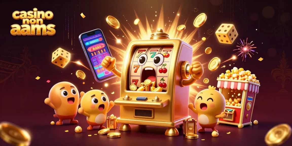 Slot machine dorata che vince nel casino non AAMS con monete che escono e altri personaggi festosi