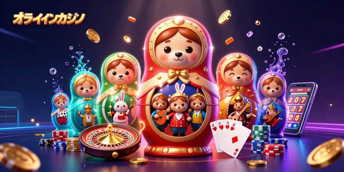 オンラインカジノのルーレットを囲むロシアのマトリョーシカやディーラーの小熊たちの3Dイラスト