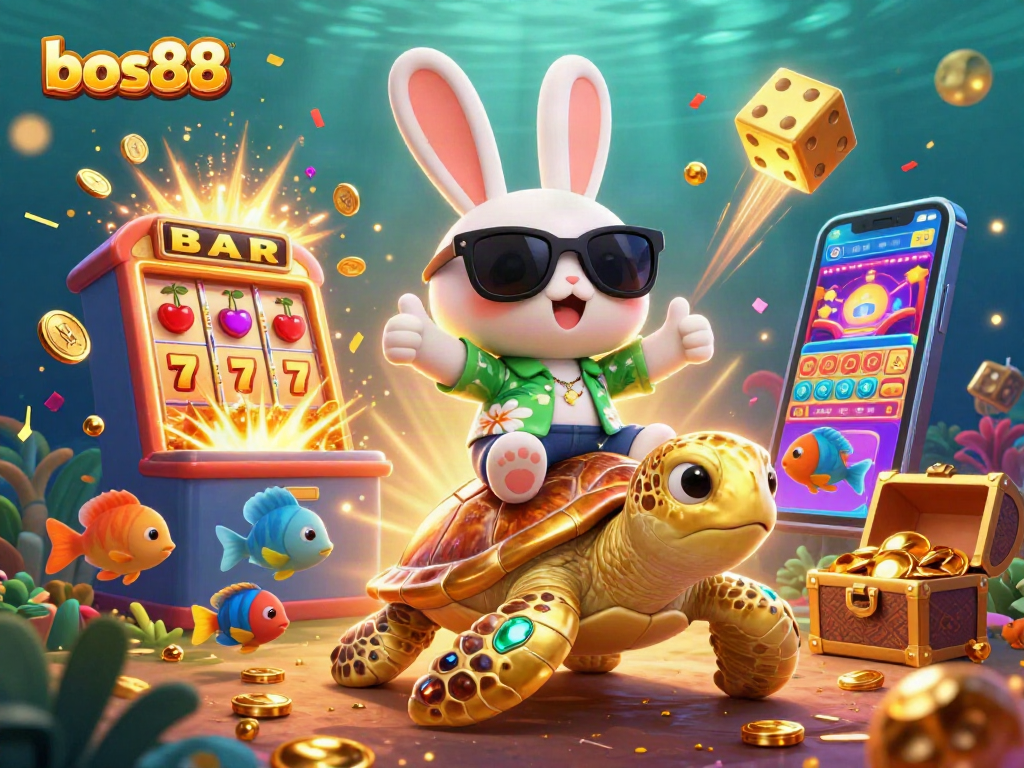 Gambarkan bos88 saat bermain slot dengan petualangan seru dan simbol keberuntungan di latar belakang.
