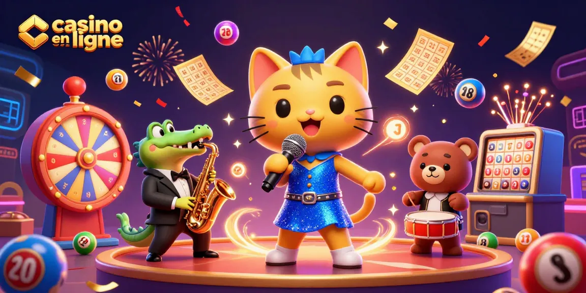 Vibrante scène de casino en ligne avec un chat chanteur, un crocodile musicien et un ours batteur, entourés de boules loteries colorées.