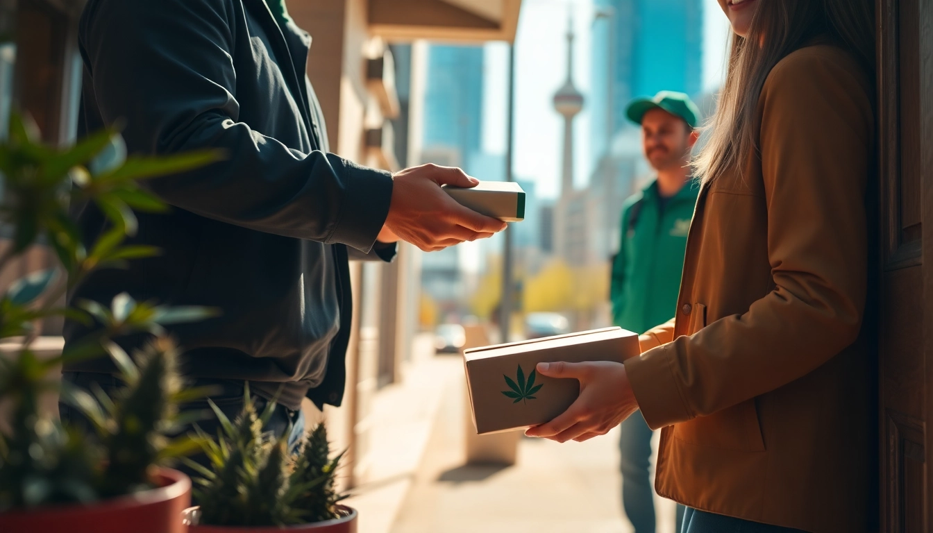 Delivering Toronto cannabis delivery to a customer at their door with a warm urban backdrop.