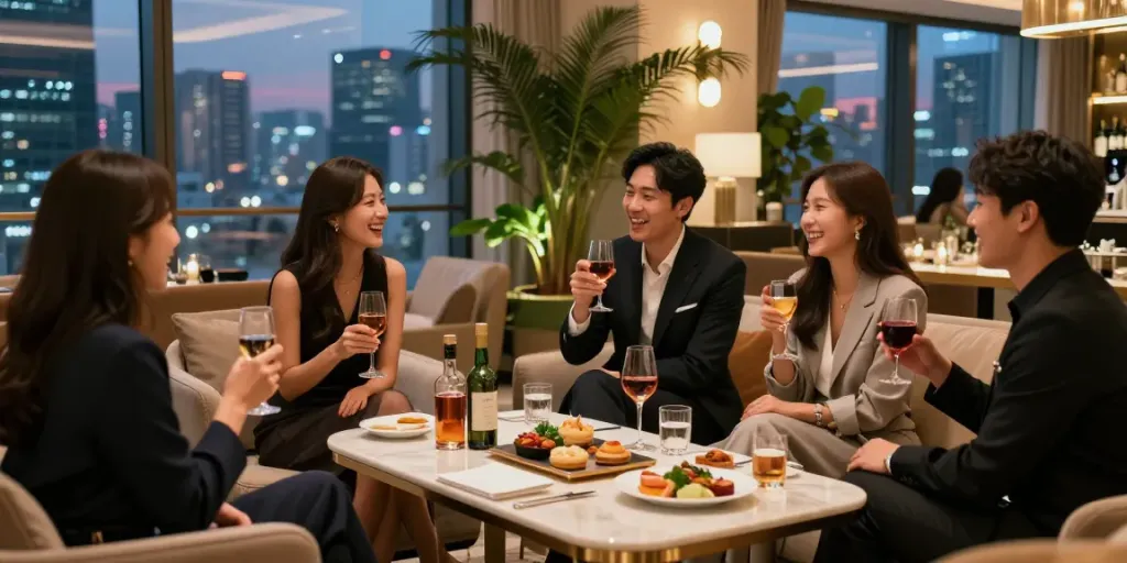 강남 구구단에서 친구들과 즐기는 고급스러운 사교 모임 장면