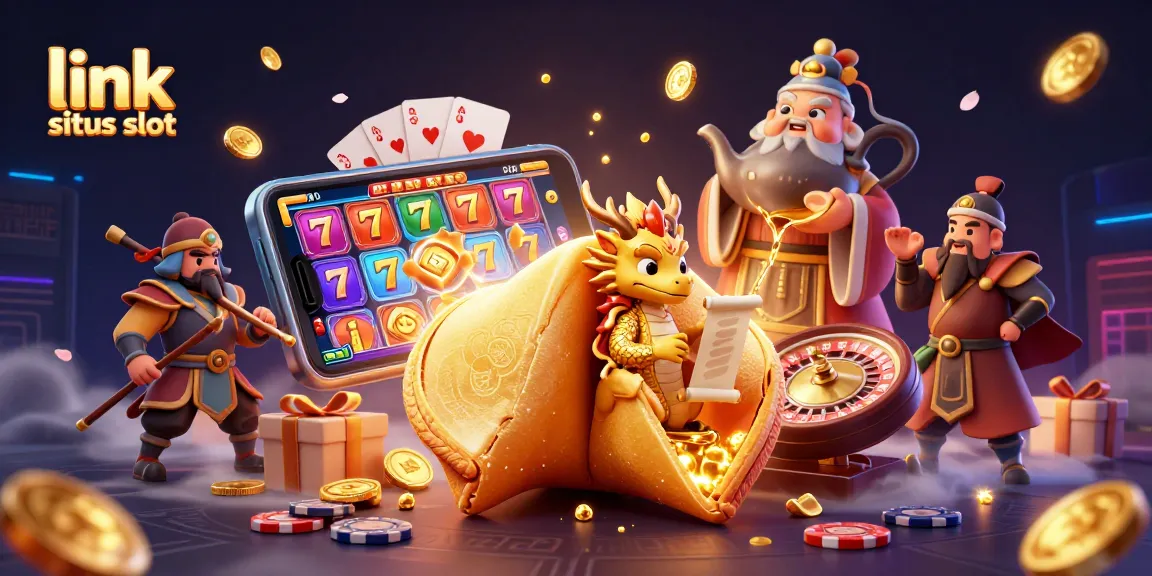 Experience exciting wins at link situs slot, featuring a vibrant 3D scene of fortune cookies, dragons, and animated slot games.