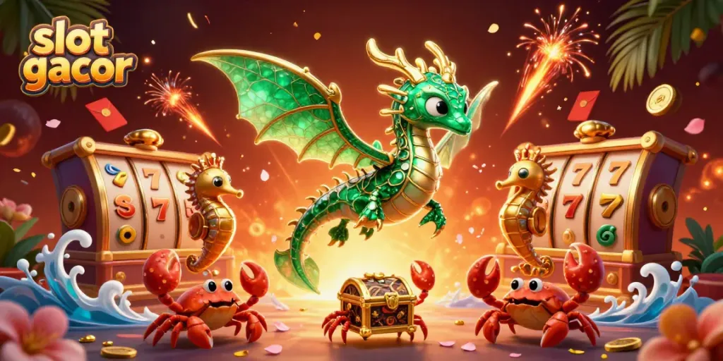 Permainan slot gacor menampilkan naga laut dan penjaga kuda laut dalam ilustrasi 3D yang megah.