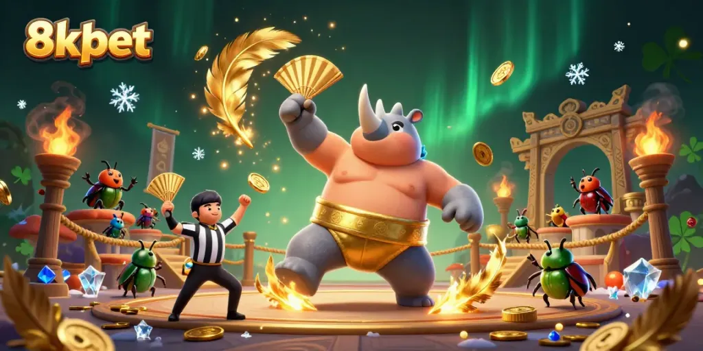 Experience exciting gaming with 8xbet as the rhinoceros beetle champion stomp brings coins flying in this dynamic scene.