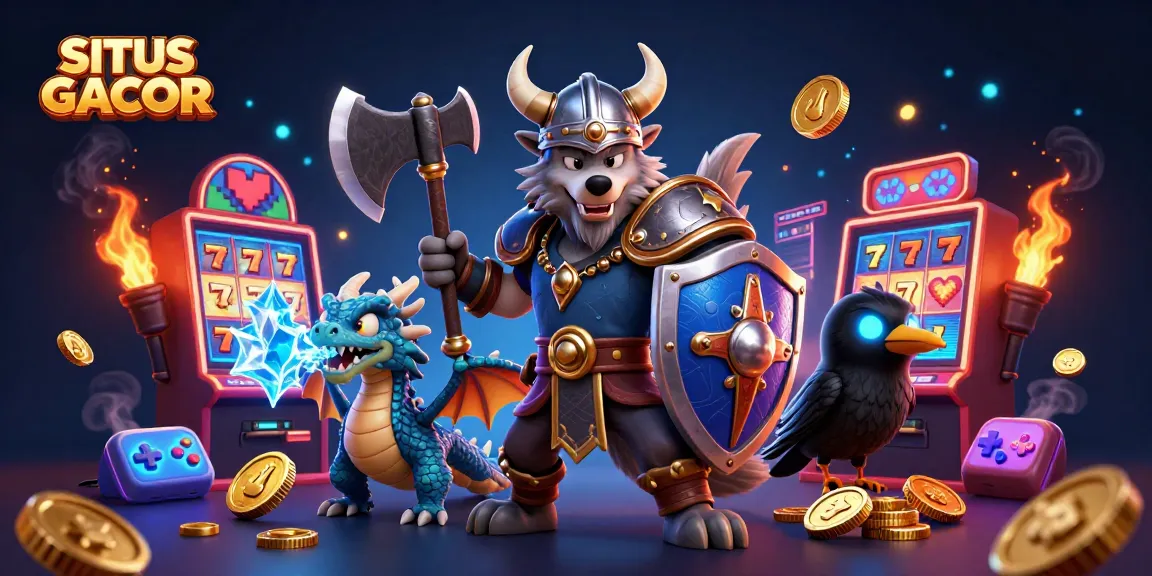 SITUS GACOR showcases a high-energy casino scene with a Viking wolf warrior, dragon, and vibrant game elements.