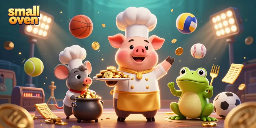 Win with a small oven alongside 3D characters in a rich, dynamic casino scene featuring gold coins.