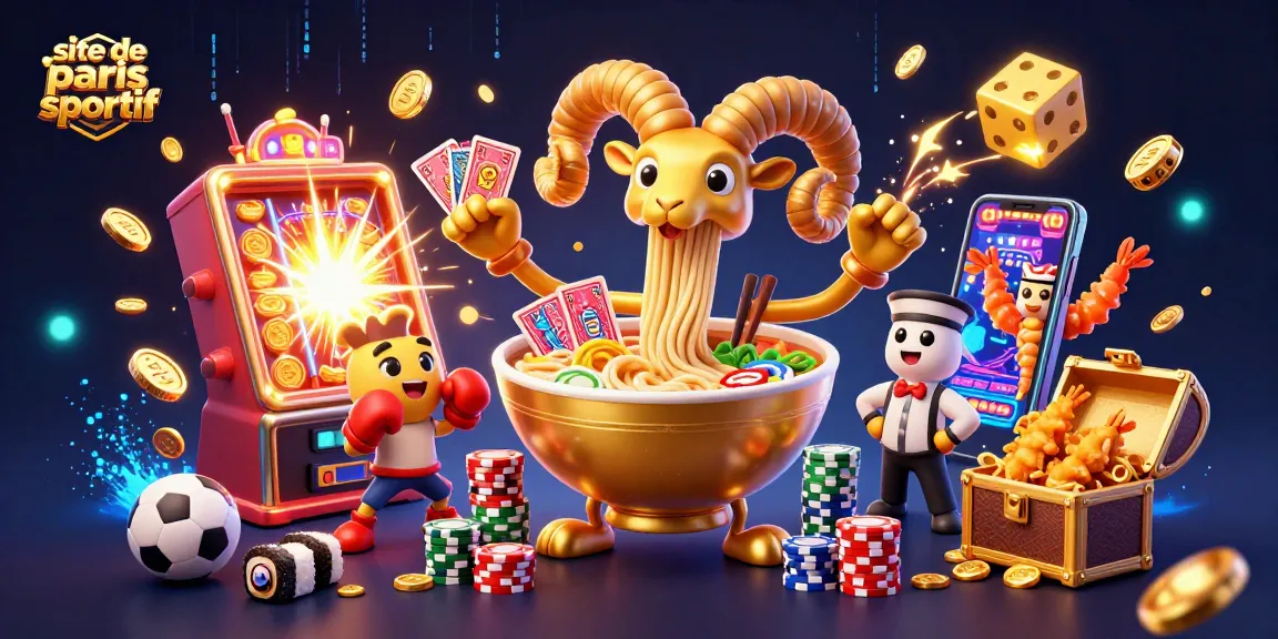 Une scène dynamique de paris sportif avec un bol de ramen géant et des éléments de jeu, illustrant le site de paris sportif.