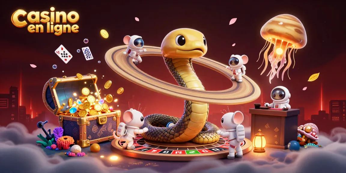 Illustration dynamique de casino en ligne avec un serpent Saturne et des astronautes pariant.