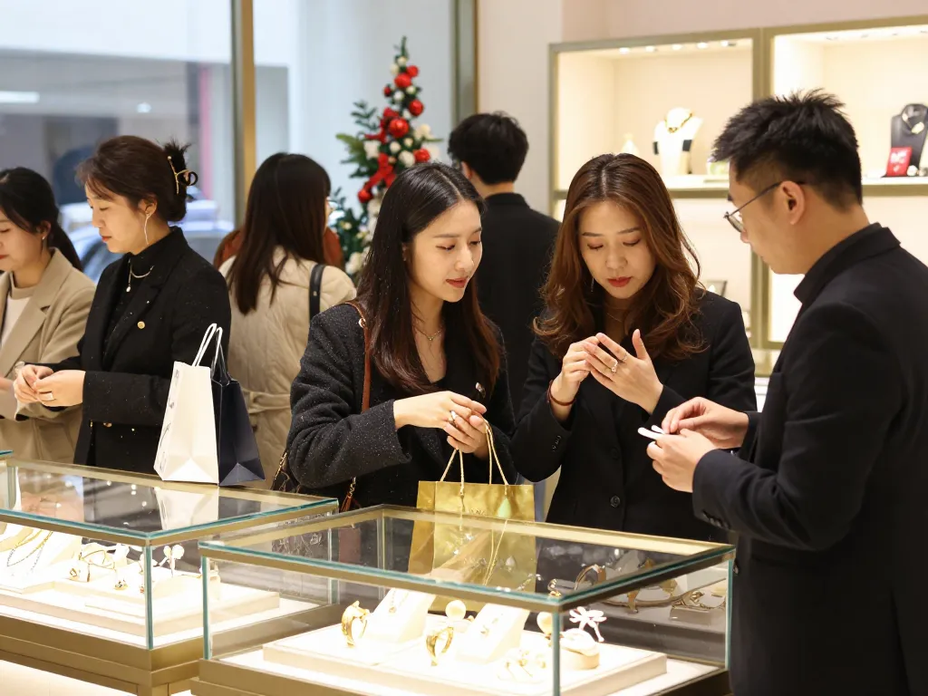 Shoppers try this out at a jewelry store, engaging and vibrant atmosphere.
