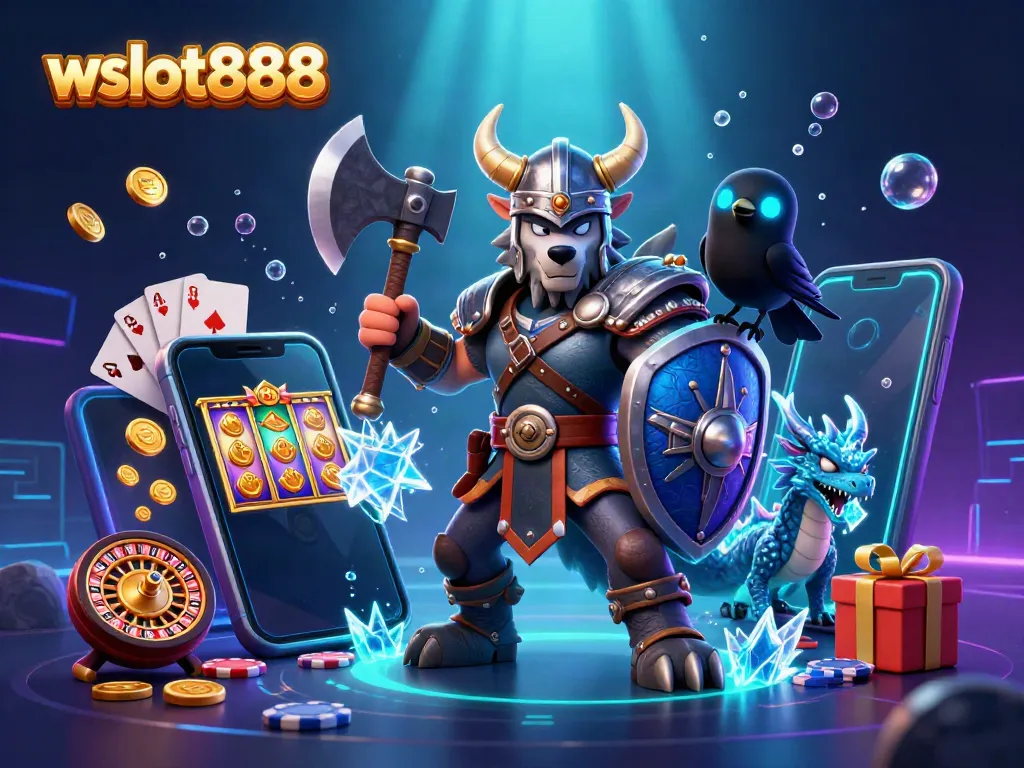 Menangkan hadiah besar dengan wslot888, menggambarkan pejuang serigala, naga, dan elemen kasino.