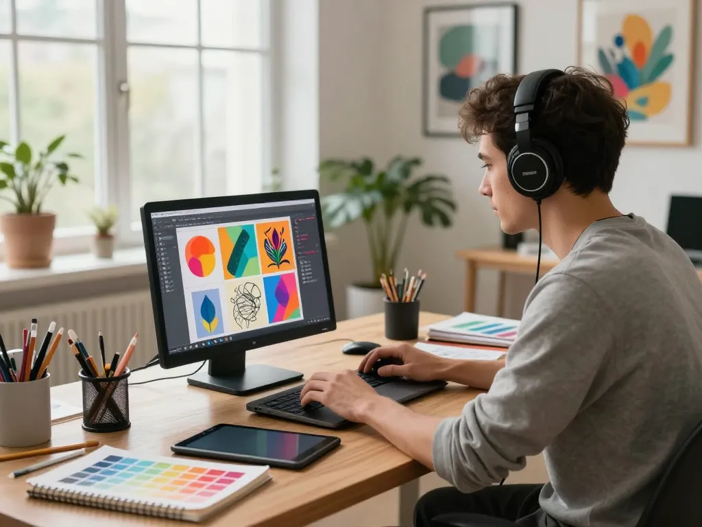 Digital artist using an image to prompt generator in a bright creative workspace.