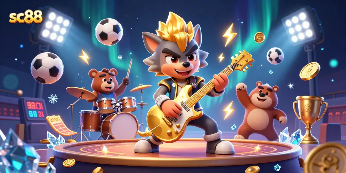 Engage with the vibrant world of sc88, featuring a cartoon rock star wolf rocking out on stage amidst gaming excitement.
