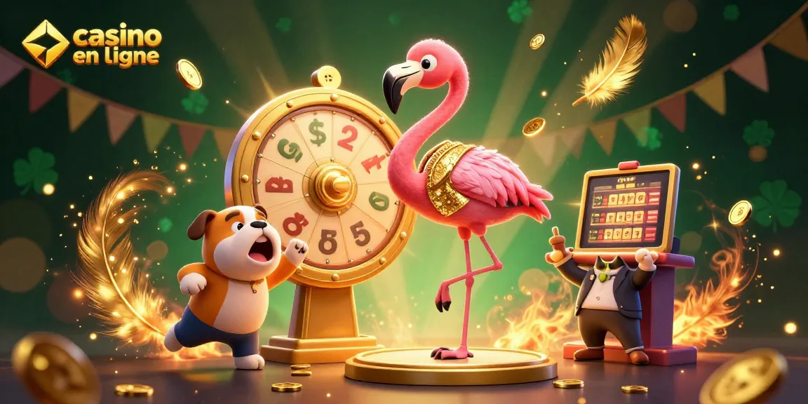 Le casino en ligne avec un animateur flamboyant, un bulldog enthousiaste, et un chat affichant les prix.