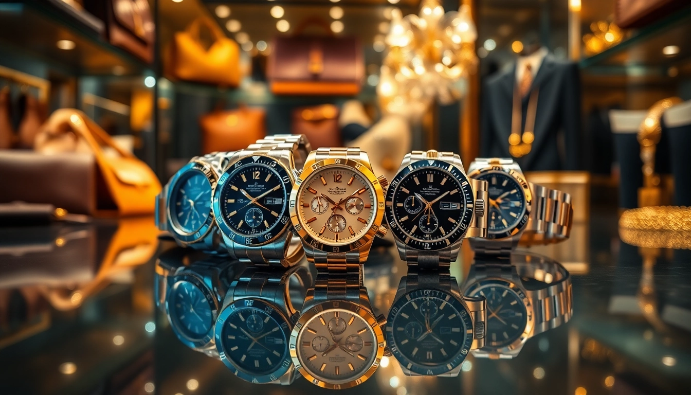 Showcasing super clone watches with elegant designs on a reflective surface.