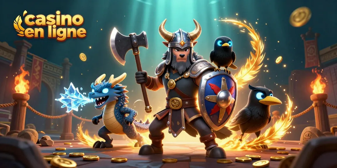Découverte des jeux de casino en ligne avec un loup viking et dragon, ambiance de jeu exaltante