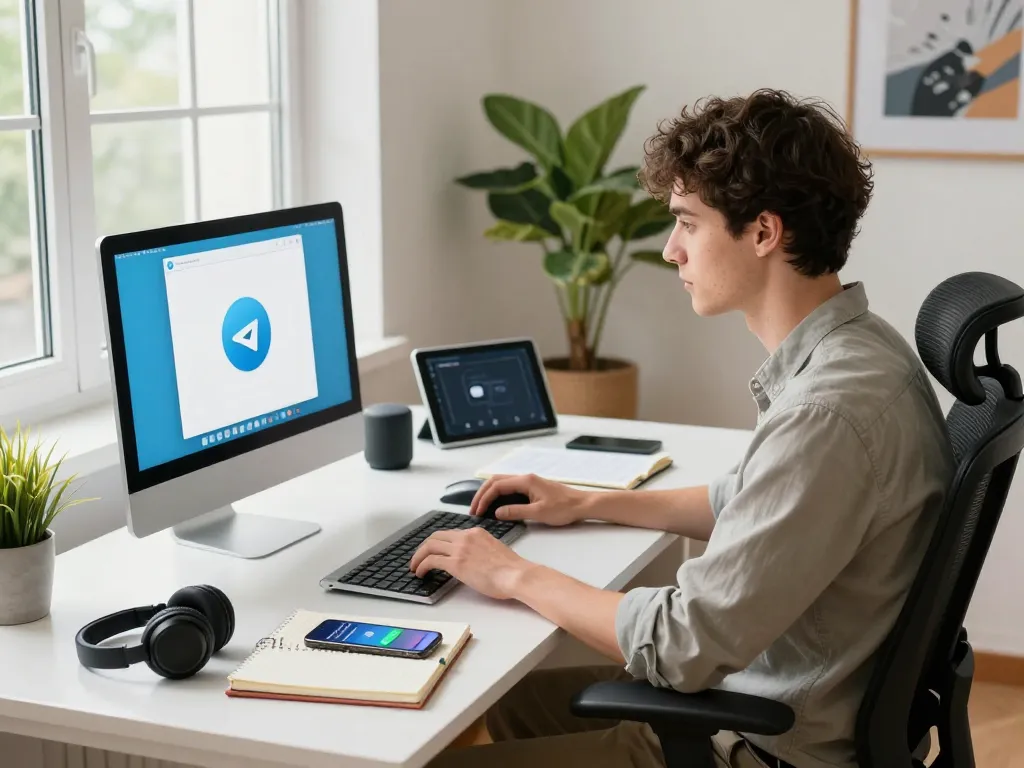Professional using Telegram 电脑版 in a bright home office