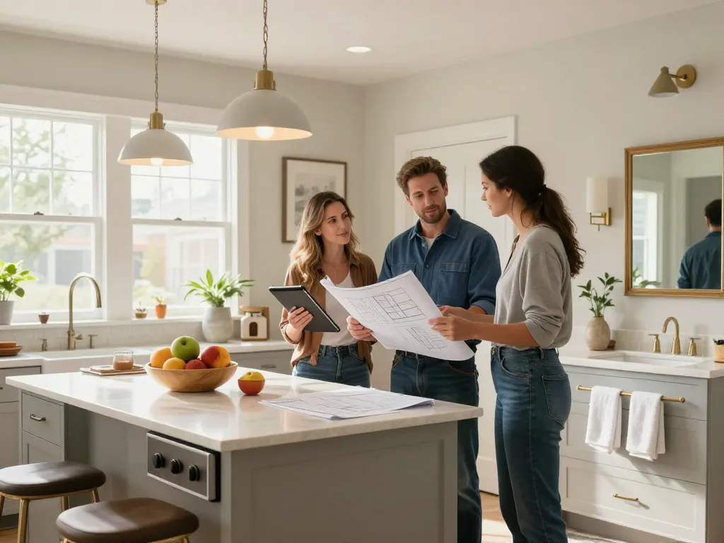 Home remodeling contractors discussing design plans in a beautifully staged kitchen and bathroom space.