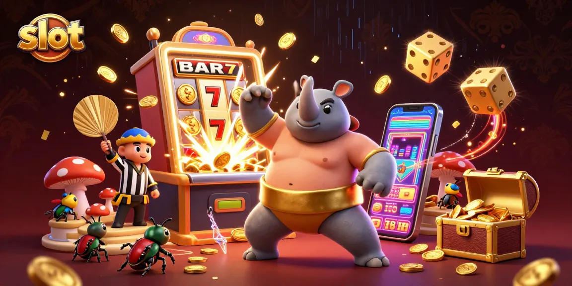 Experience thrilling slot action as a beetle champion stomps coins with a dynamic scene.