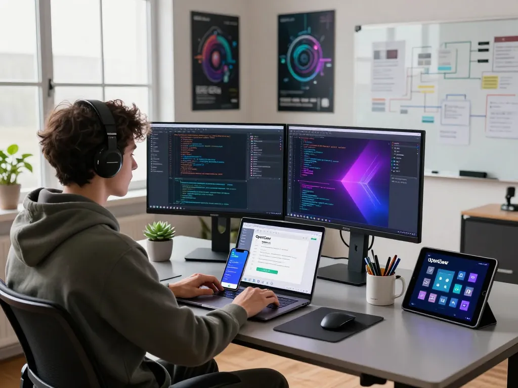 OpenClaw AI workspace with developer coding on dual monitors, showcasing innovative tools and a modern office setting.